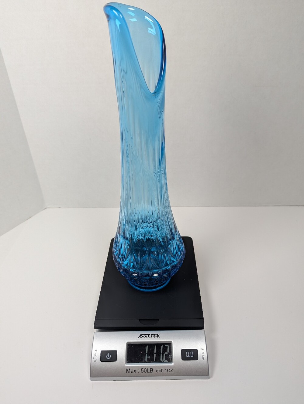 VTG Blue Art Glass Vase 14" Tall Asymmetrical Wavy Rim Faceted Geometric Base - Picture 11 of 12